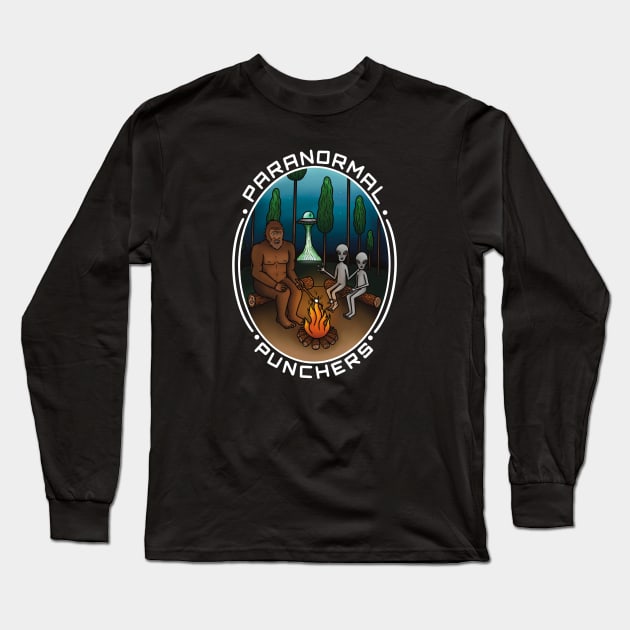 Bigfoot and Aliens Toasting Marshmallows Long Sleeve T-Shirt by Paranormal Punchers